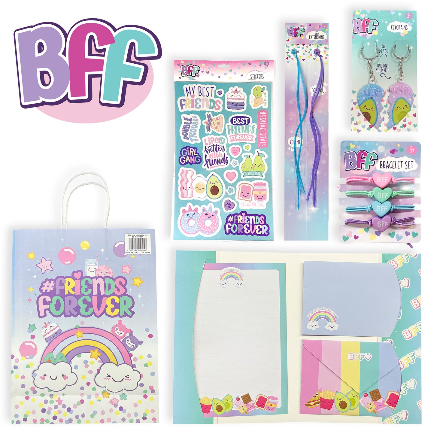 BFF Mini Showbag contents with writing set, bracelets and keychain