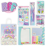 BFF Mini Showbag contents with writing set, bracelets and keychain
