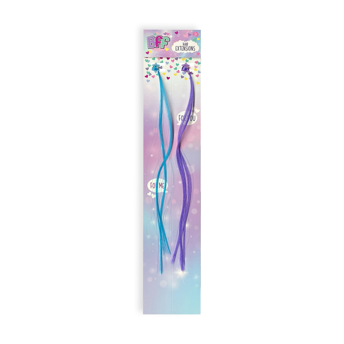Two hair extensions, one blue and one purple.