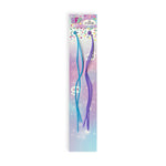 Two hair extensions, one blue and one purple.