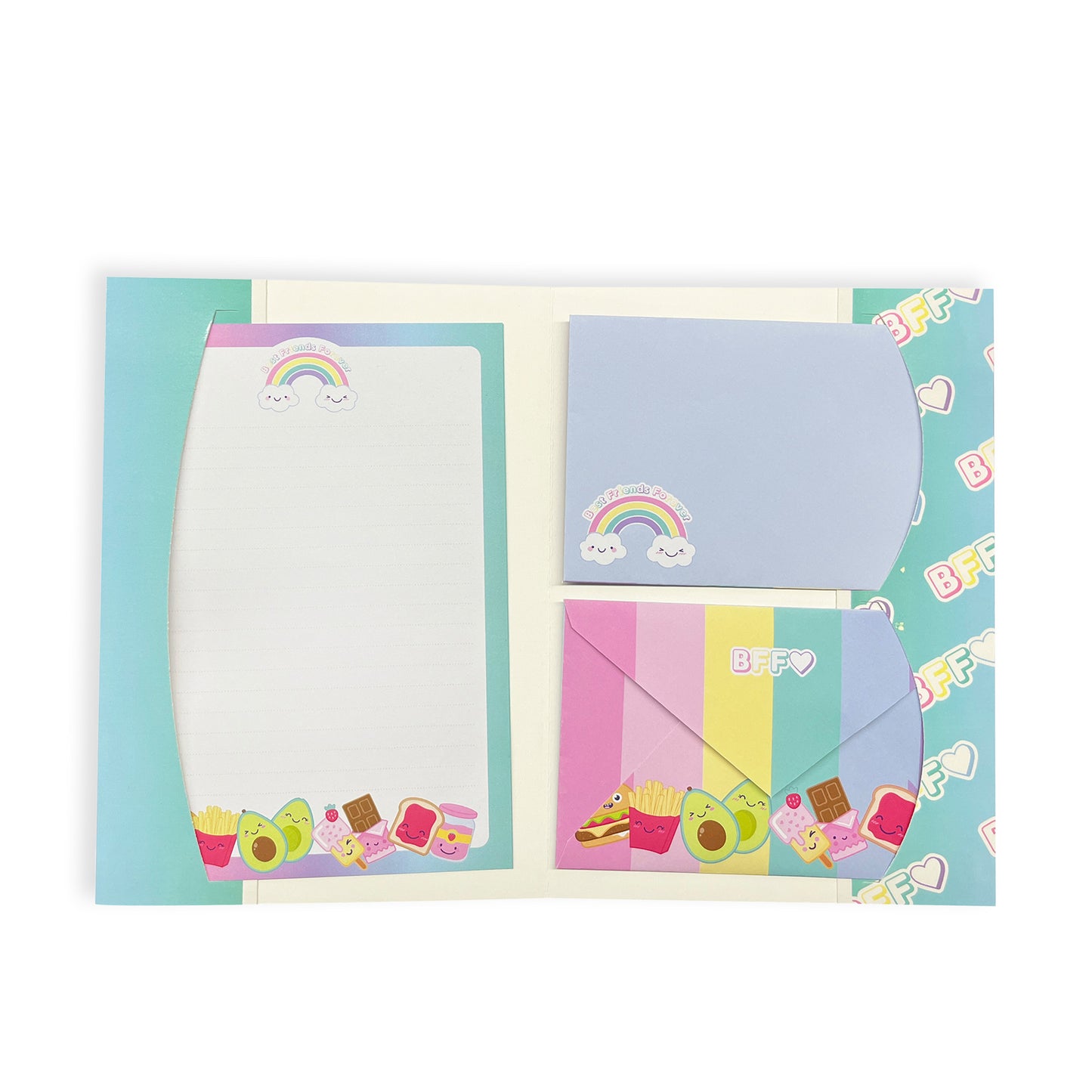 Open stationery set with "BFF" and food-themed designs.