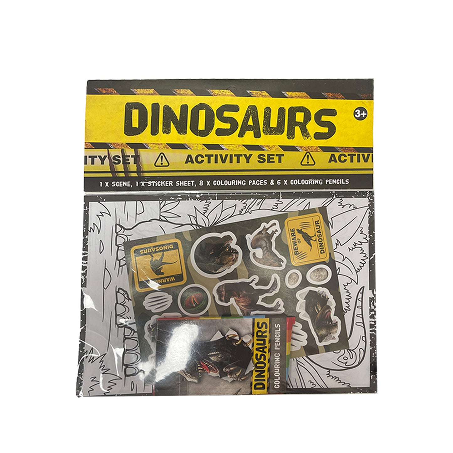 Dinosaur activity set: scene, stickers, coloring pages, pencils.
