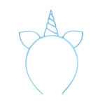Blue unicorn headband with a spiral unicorn horn and ears.
